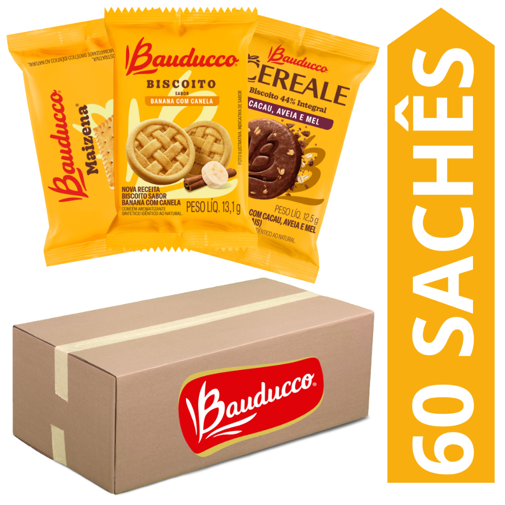 Kit 60 Sachês Biscoito Bauducco Sabores Cereale Cacau Aveia e Mel, Banana Com Canela, Maizena