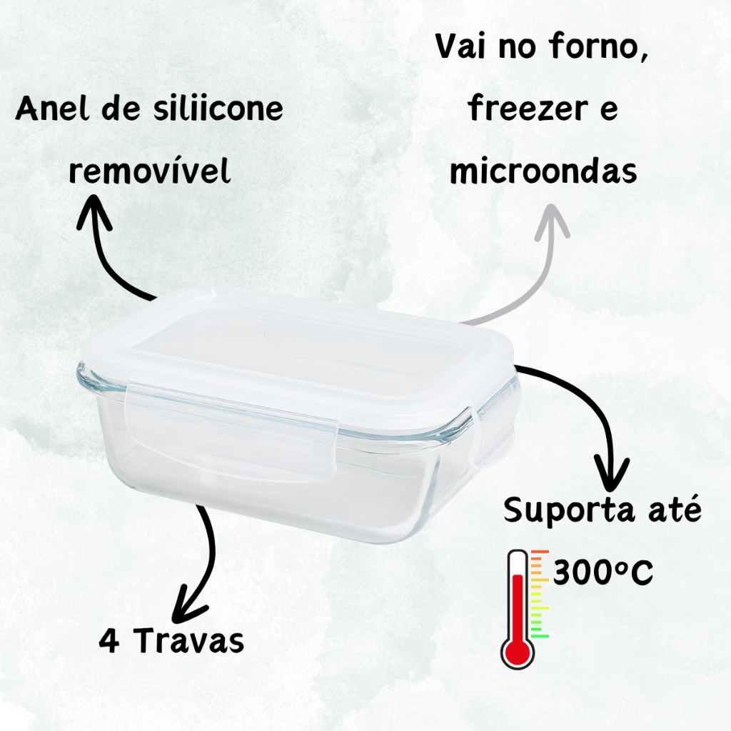 Kit 2 Potes de Vidro Hermético Marmita Tampa Plastico 640ml 4 Travas Freezer Microondas Potinho — imagem 2 de 2