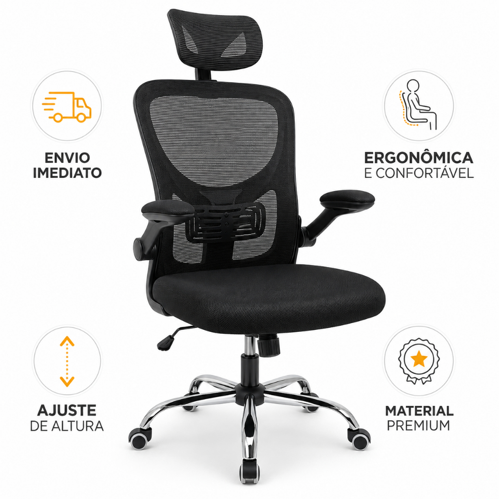 Cadeira Escritório Ergonômica Presidente Executiva Escritório com Apoio de Lombar Cabeça Ajustável Regulável Preto Mesh
