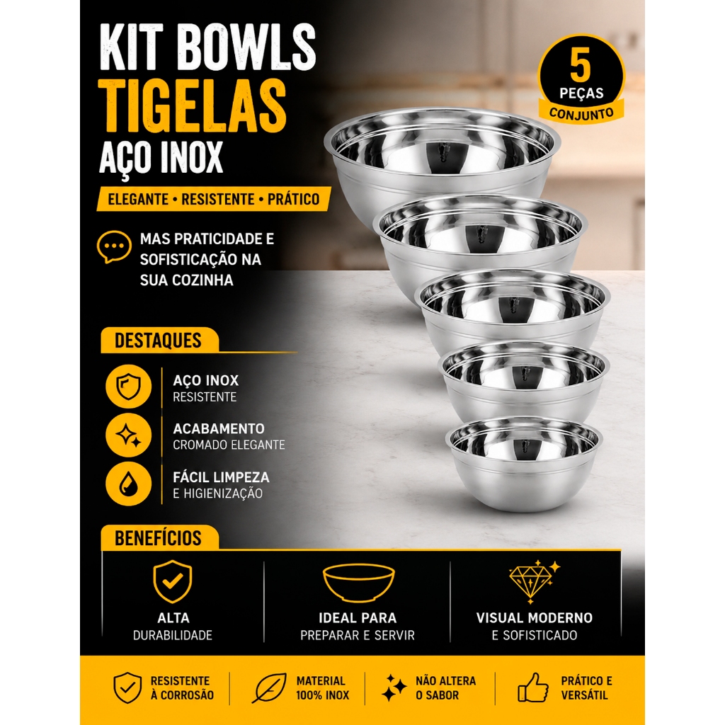 Kit Bowls Inox 5 Peças Tigelas Multiuso Aço Inoxidável Cozinha Saladeira Premium Alta Resistência