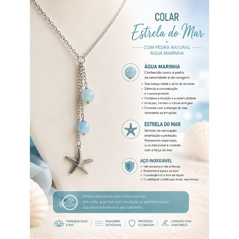 Colar Feminino Aço Inox Antialérgico Pedra Natural, Pingente Estrela do Mar 45cm