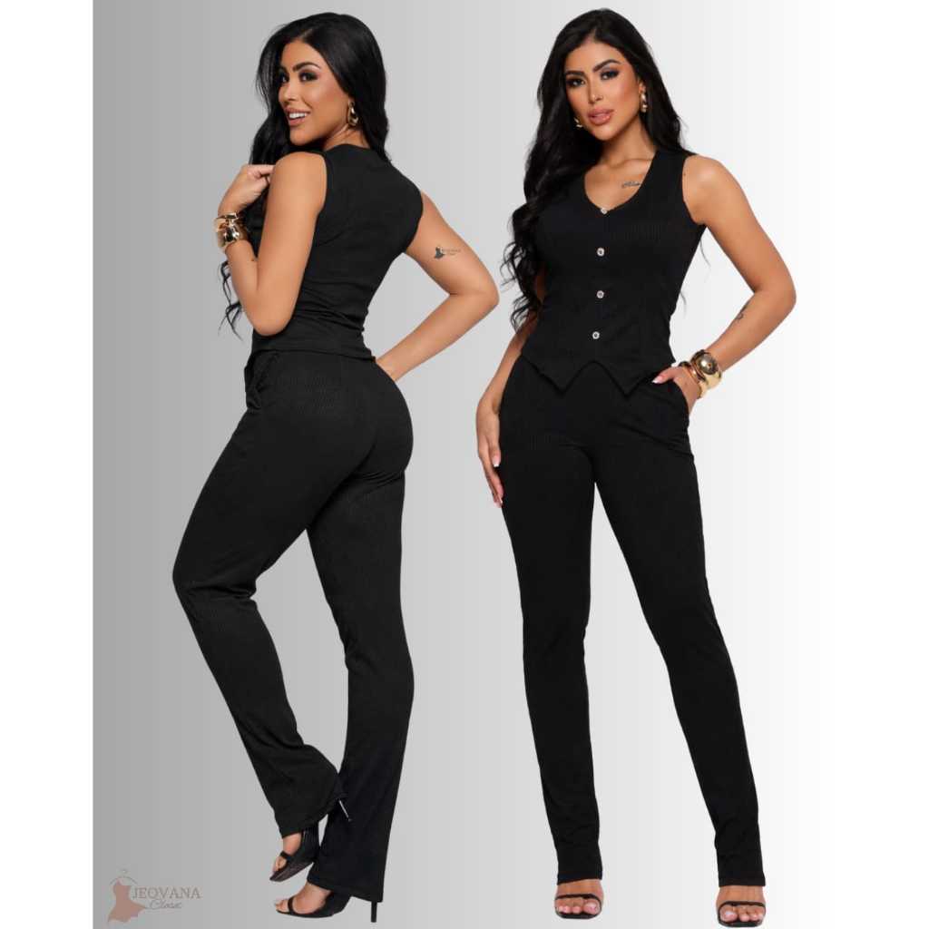Conjunto Feminino Calça+Blusa Canelado Ajustado ao Corpo Confortável e Barato Premium