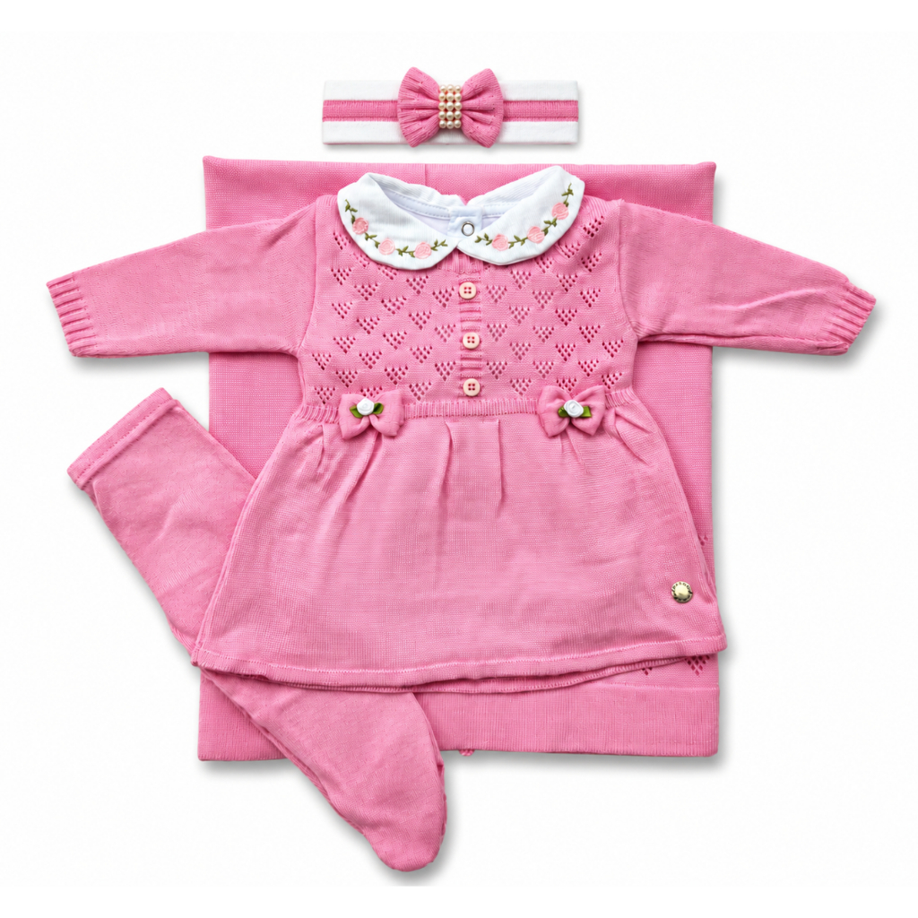 Conjunto Saida Maternidade menina Vestido recem nascido em trico completo