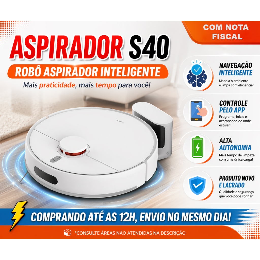 Robô Aspirador S40 10000Pa Inteligente WiFi Mapeamento Aspira Passa Pano Casa Limpa
