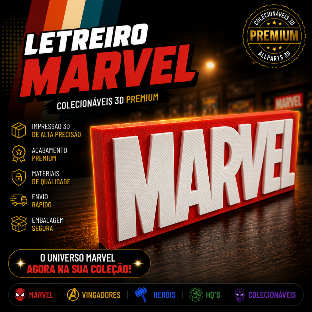 Placa Decorativa Marvel 3D Logo Geek Premium Colecionável