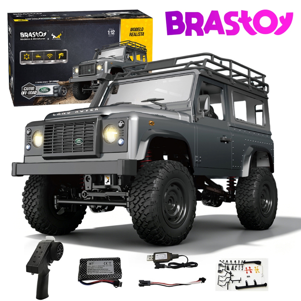 BRASTOY Carrinho de Controle Remoto 4x4 Off-Road Land Rover Defender 1:12 Brinquedo RC com Luz e Som