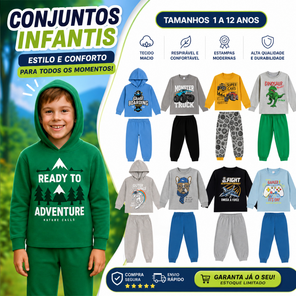 Kit 5 Conjuntos Moletom Infantil Masculino Inverno Peluciado – Tamanhos 1 a 12 – Atacado Sortido
