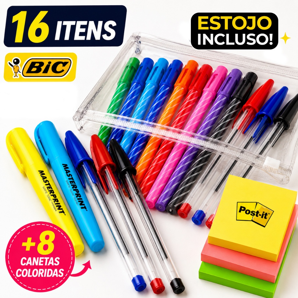 Imagem Kit Completo de Estudo 16 Itens BIC + Canetas Coloridas Ponta Fina + Marca Texto + Post-it  Estudo, Concurso, Escritório
