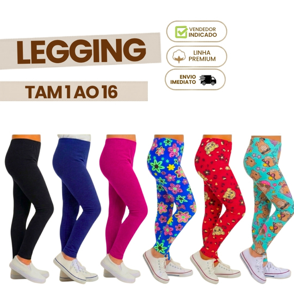 Kit 6 Calça Legging Infantil Menina Feminino Algodão Suplex Calça Legue Escolar Lisa e Estampada