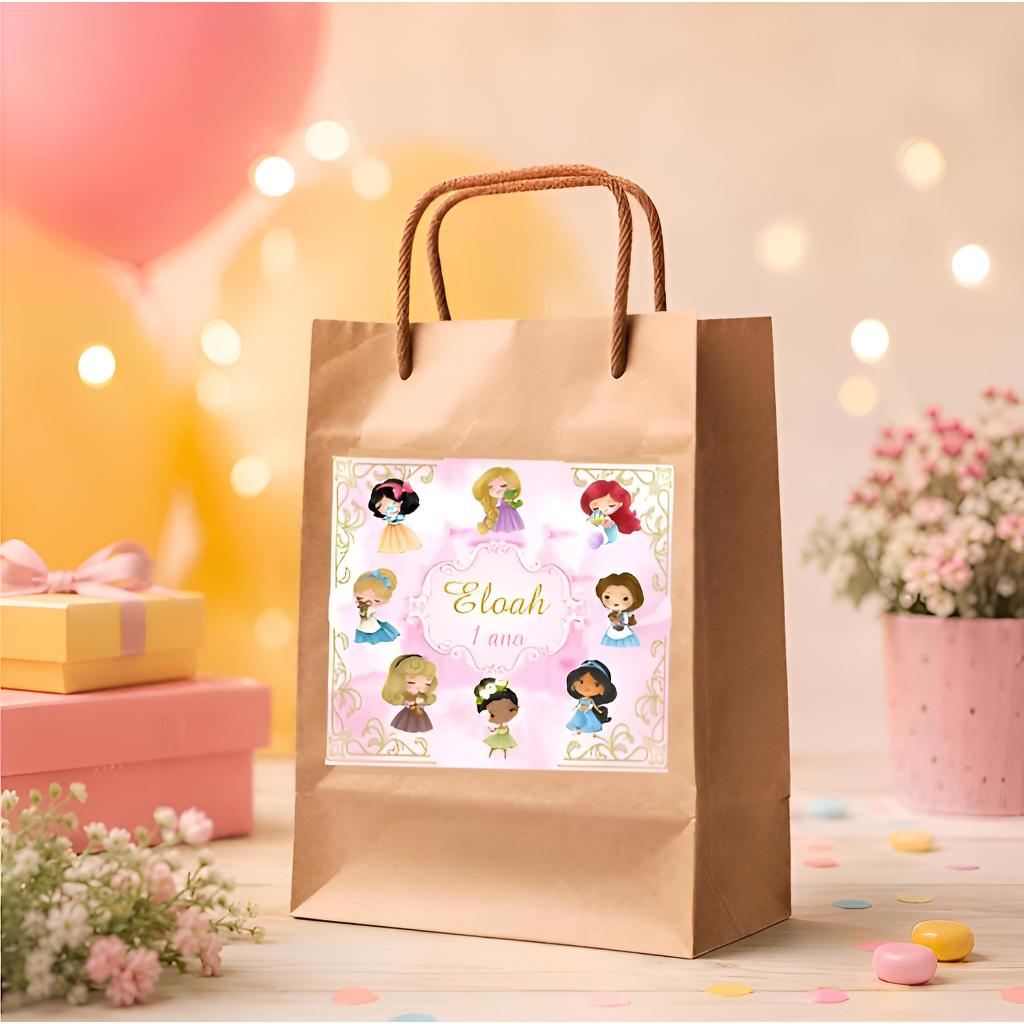 Kit Adesivos para sacola kraft 10 x10 personalizado tema PRINCESAS CUTE