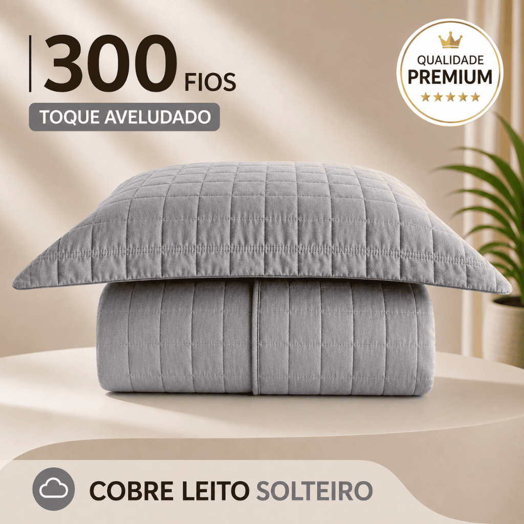 Cobre Leito Luxo Colcha Solteiro com Porta Travesseiro Matelassê Percal 300 fios Basic - Cinza