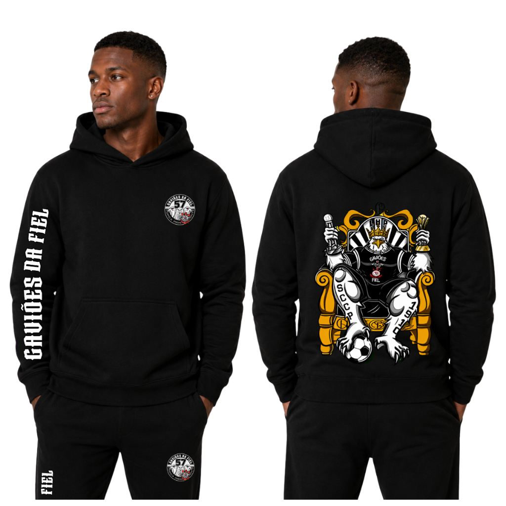 Conjunto Moletom Torcida Organizada Gaviões da Fiel Corinthians Algodão Flanelado Blusão com Capuz