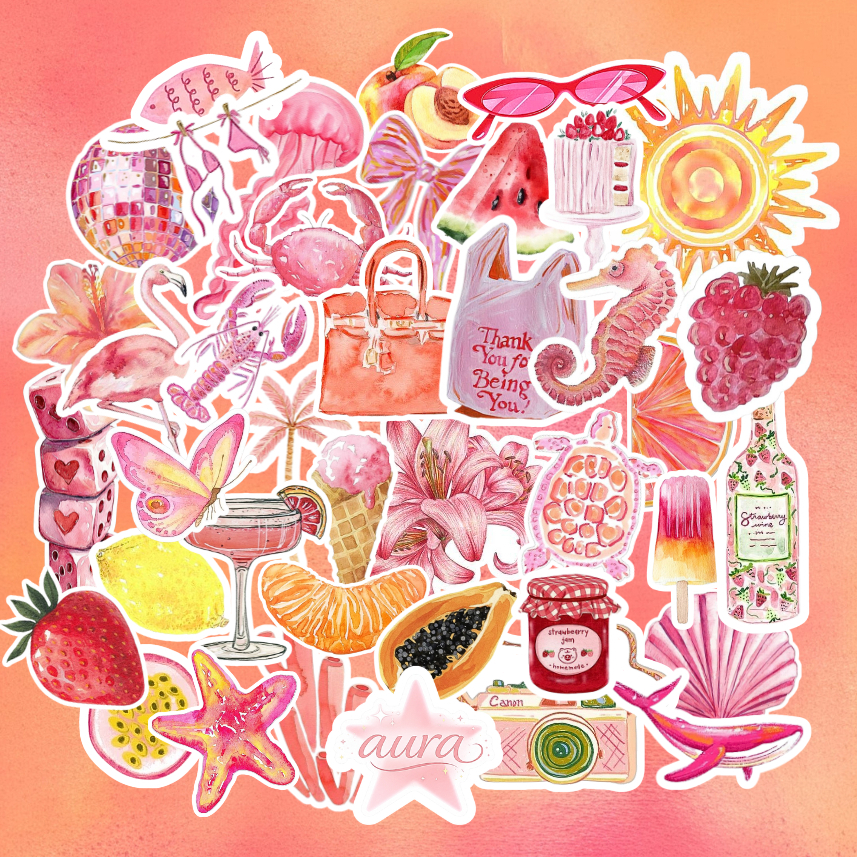 Kit 40 Adesivos Pink Summer Verão Rosa À Prova D’água Para Kindle Garrafa Notebook Capinha Journal