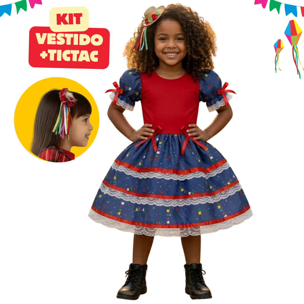 Kit Vestido Festa Junina Xadrez Infantil + Tictac Quadrilha Roupa de Festa Junina São João