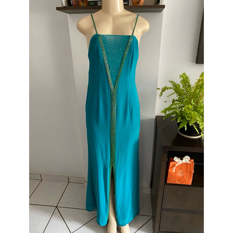 Vestido de festa vintage azul turquesa bordado