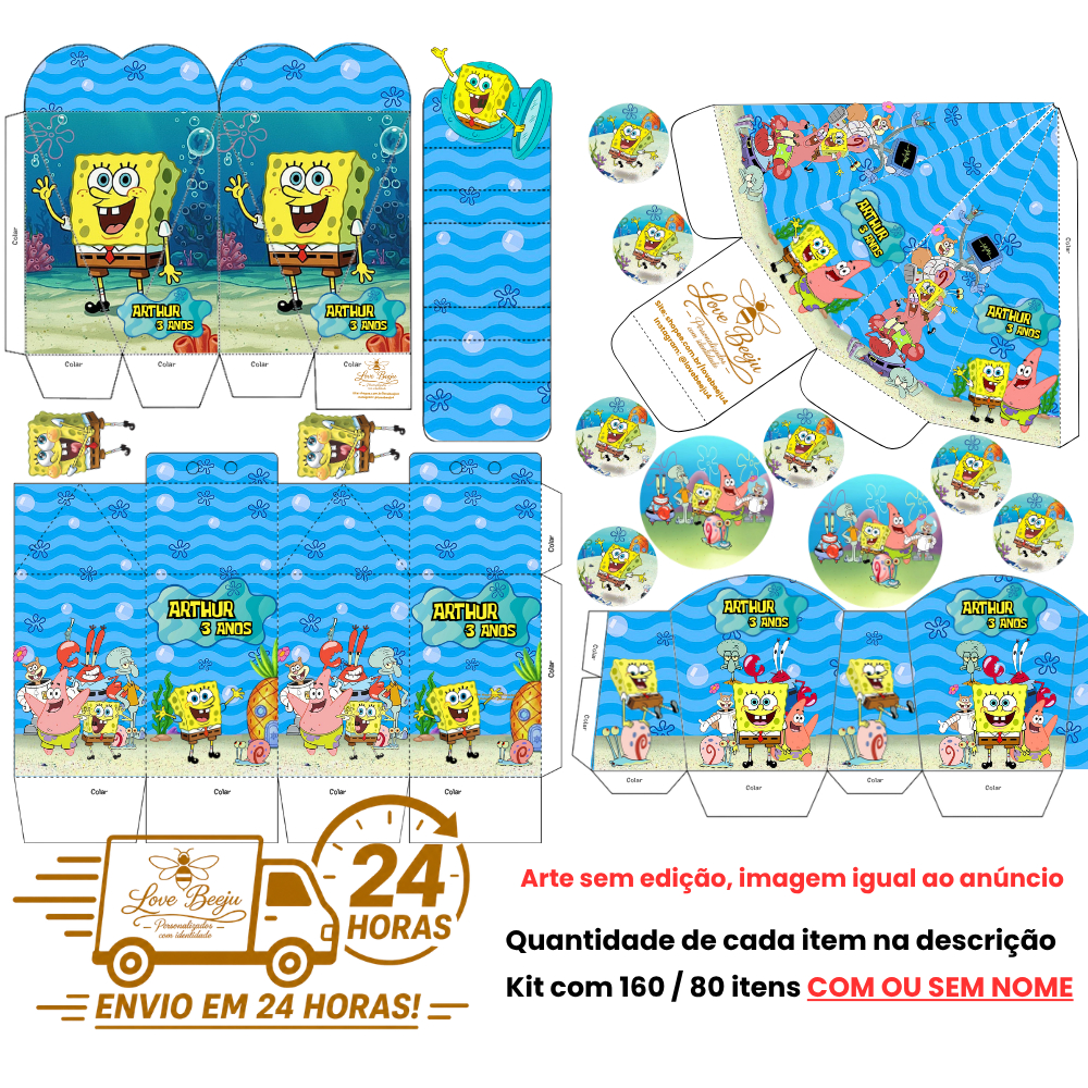 Kit Festa Bob Esponja Personalizado 80/160 Itens | Lembrancinhas Com Nome | Caixinhas Festa Infantil