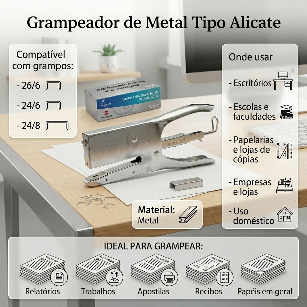 Kit Grampeador Manual De Mesa Em Metal Resistente Grande Escolar Papelaria Com Grampos 24/6 24/8