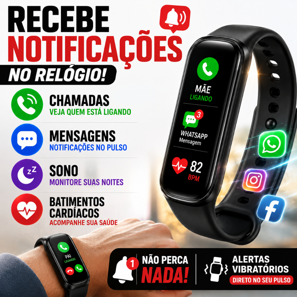Smartwatch M9 Smart Band IP68 Monitor Saúde Batimentos Sono SpO2 Bluetooth Android iPhone