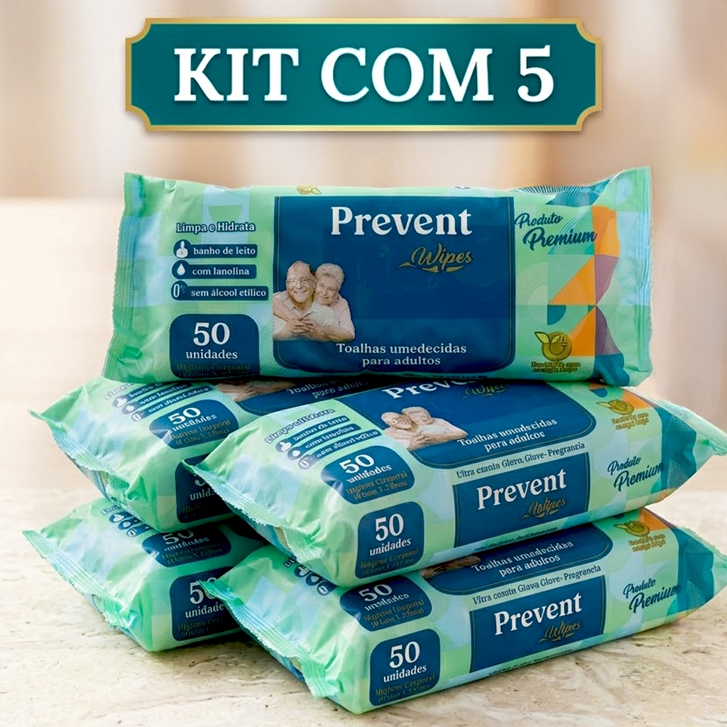 KIT 5 PACOTES DE LENÇOS UMEDECIDOS PARA ADULTOS PREVENT WIPES, BANHO DE LEITO, GERIÁTRICO
