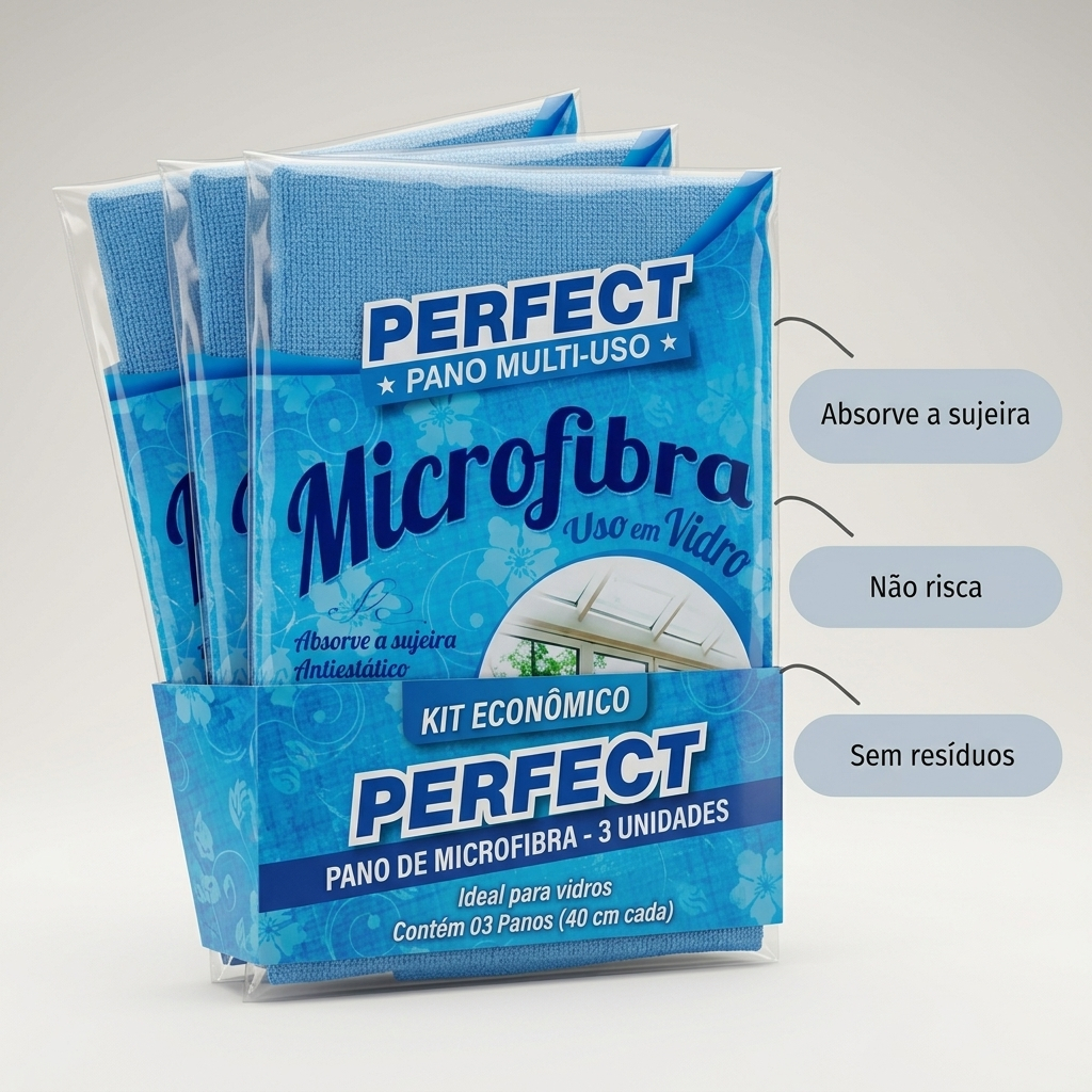 Kit 3 Pano Limpa Vidro Profissional Microfibra Tela Multiuso Perfect Pro Antirisco