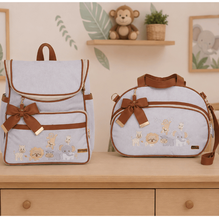 Kit Bolsa Maternidade Linho Safári Luxo Mochila Bolsa Passeio - 02 Peças