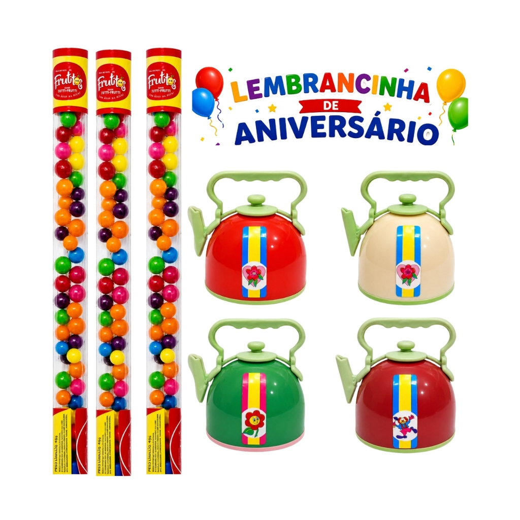 Kit 20 Itens (Tubinhos Balinhas Doce + Mini Chaleira) Lembrancinha aniversário Festa Infantil