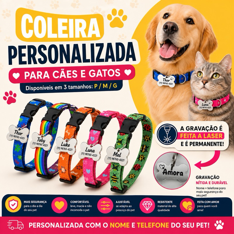 Coleira para Cachorro e Gato Personalizada com Pingente de Identificação Gravado a Laser