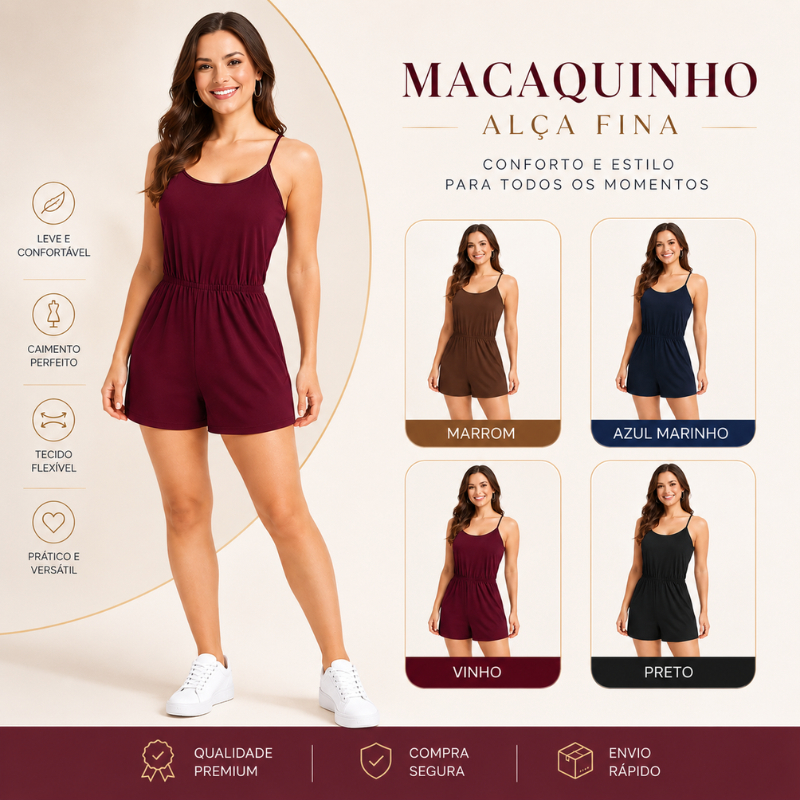 Macaquinho Curto Feminino Malha Alça Fina Confortável Soltinho e Estiloso