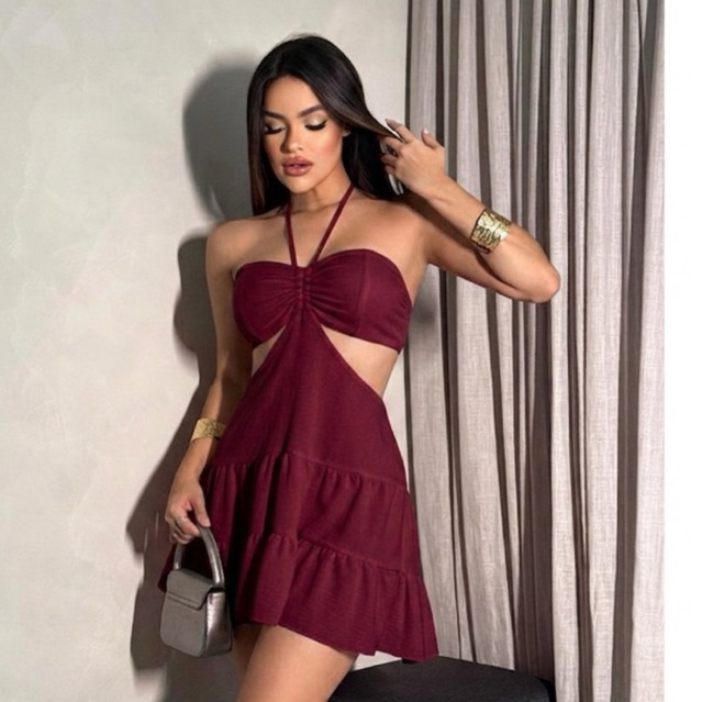 Vestido macaquinho feminino JULLY saia rodada na frente amarra nas costas e pescoço estilo verão