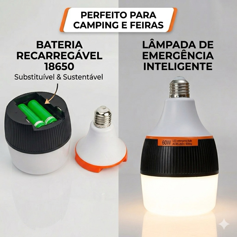 Lâmpada de Emergência LED Recarregável 60W Luz Branca
