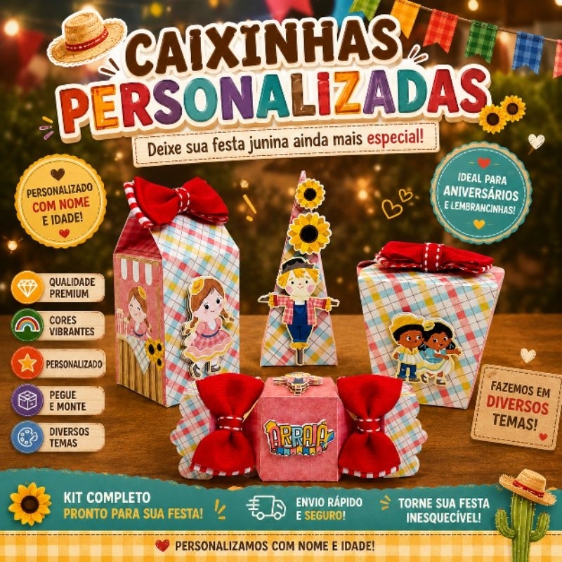 Kit Lembrancinhas personalizadas aniversário Festa Junina / caixinhas pegue e monte Arraiá/ Envio Rápido