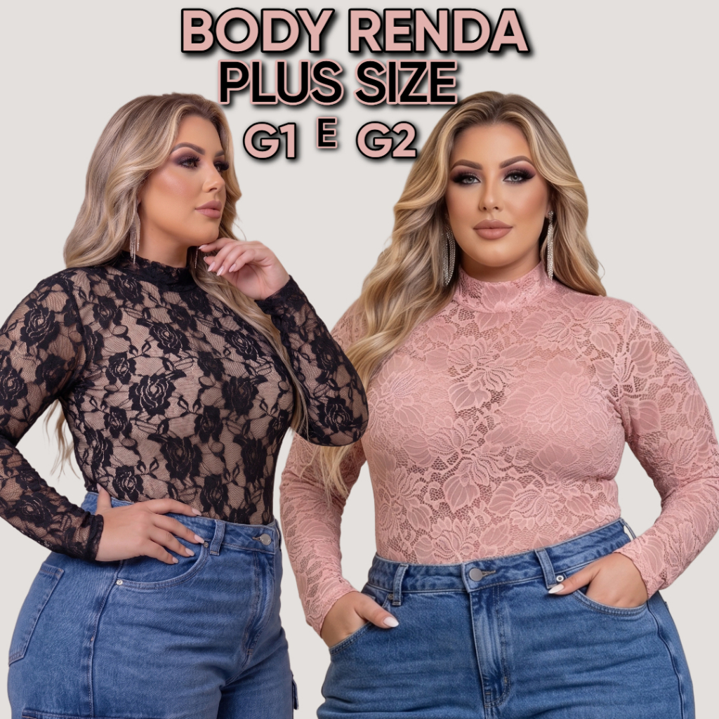 Blusa Body Renda Segunda Pele Plus Size Tendência Inverno Renda Floral Manga Longa Gola Alta Elegante Moda Gringa