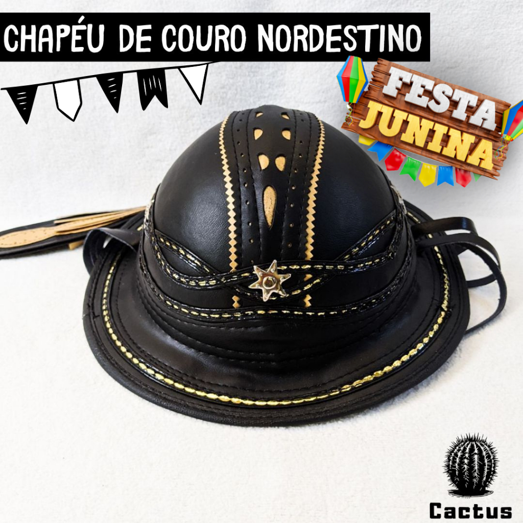 Chapéu de Couro Nordestino Dominguinhos Legítimo Rústico Cangaceiro Festa Junina Pernambuco Sertão