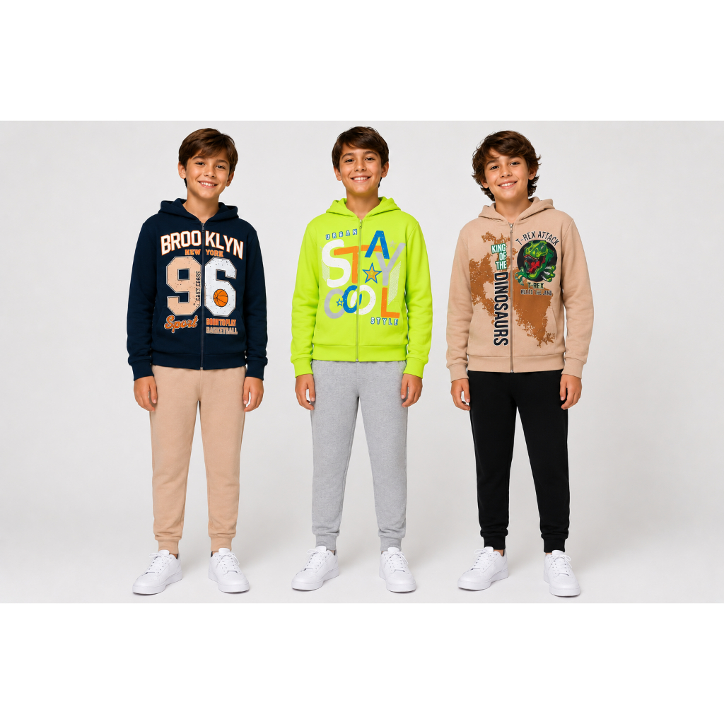 Kit 2 Conjuntos Juvenil Jaqueta de Moletom Básico Menino – Com Capuz – Inverno – Tamanhos 10 ao 14 – Estampas Sortidas