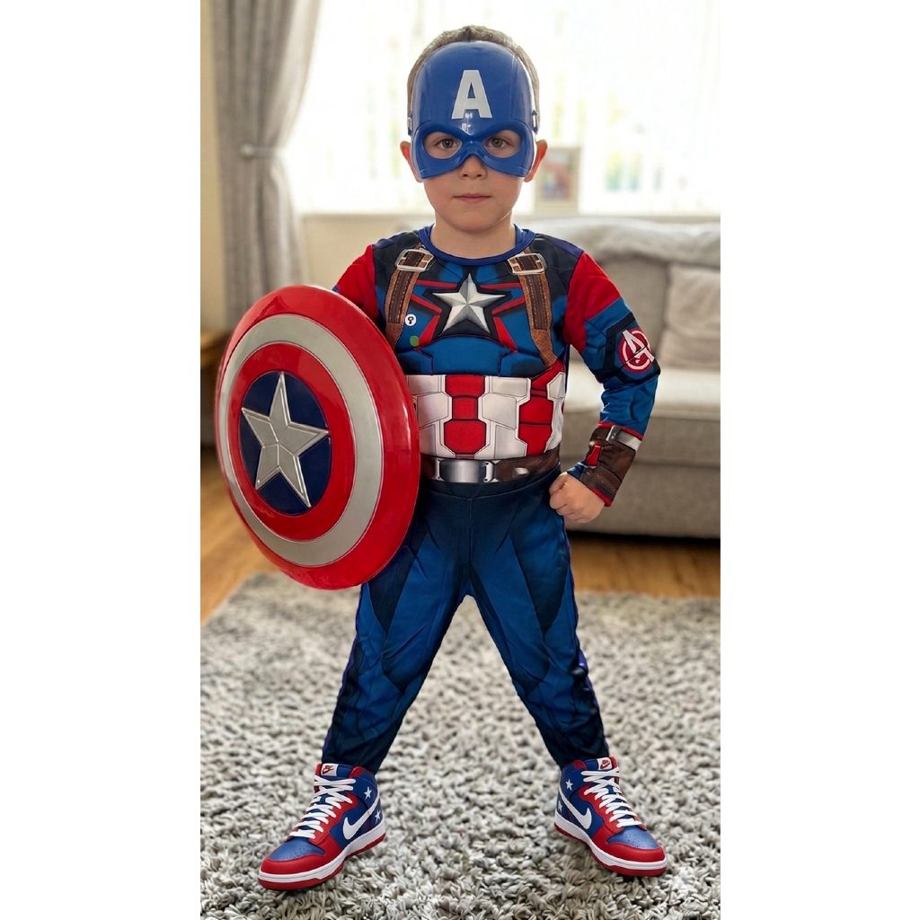 Promoção Fantasia Infantil Capitão América Longa com Enchimento Escudo e Máscara Menino