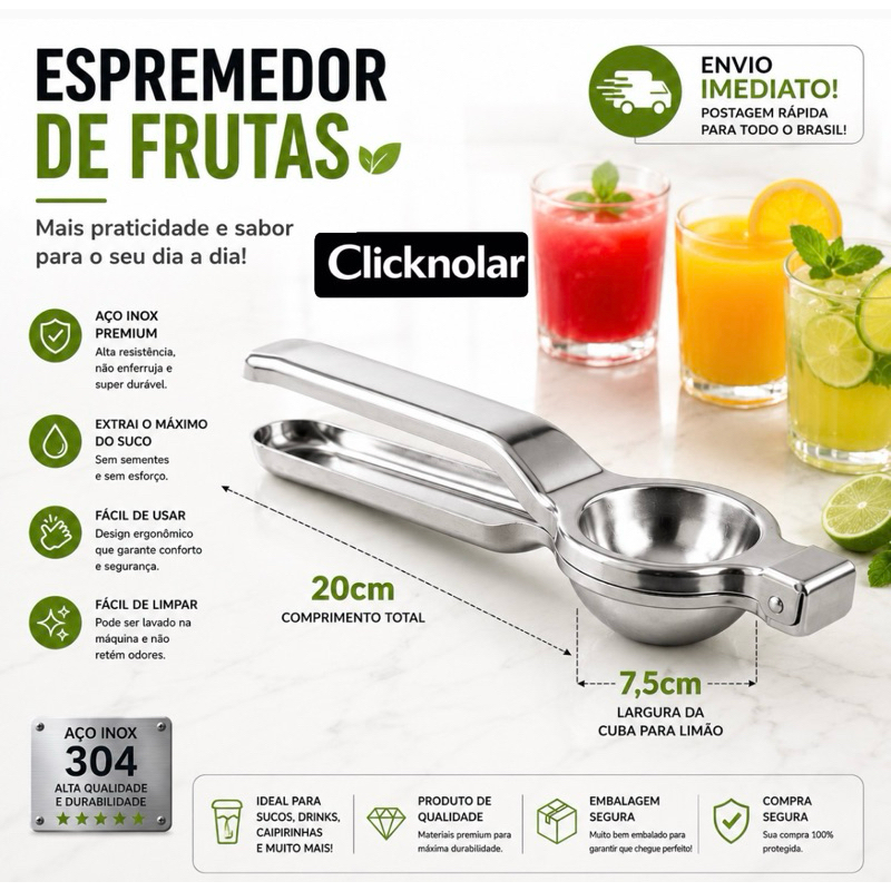 Espremedor de Limão Frutas Inox - 20cm Utilidade para Cozinhar Resistente Original