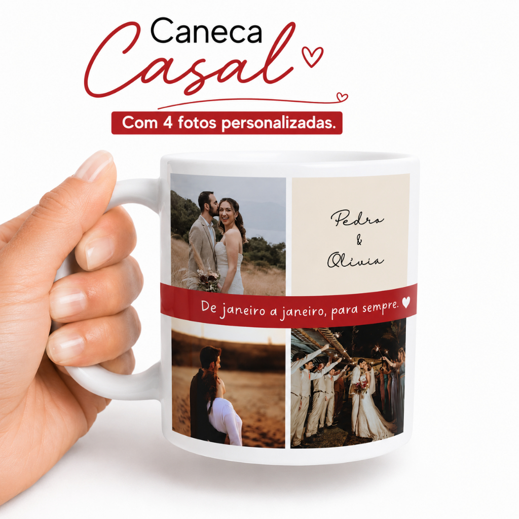 Caneca Casal Personalizada com 4 Fotos | Presente para Namorado(a) | Caneca com Fotos e Nomes