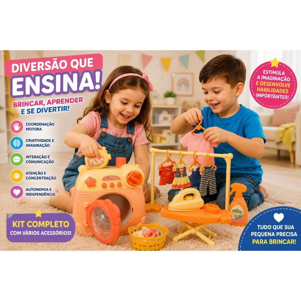 Kit Lavanderia Infantil Completo com Máquina de Lavar e Ferro | Brinquedo Educativo Infantil