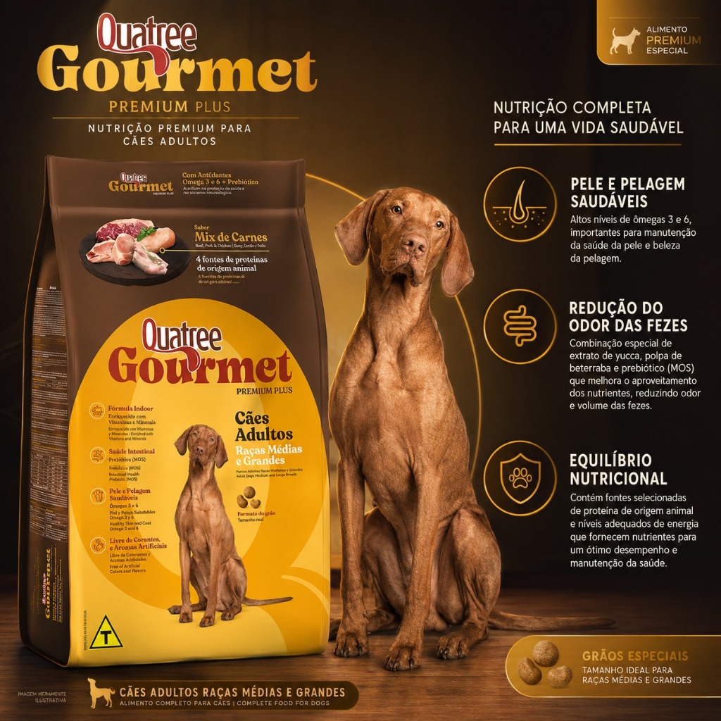 Ração Cachorro Adulto15kg Quatree Gourmet Raças Medias e Grandes 22% proteína