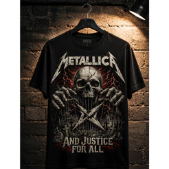 Camiseta Metallica And Justice For All Rock Heavy Metal Preta Estampa Full Print Premium