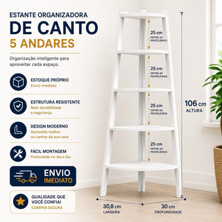 Prateleira de Canto Estante Organizadora 30x30x106 Prateleira Livros 5 Andares Quarta Sala MDF