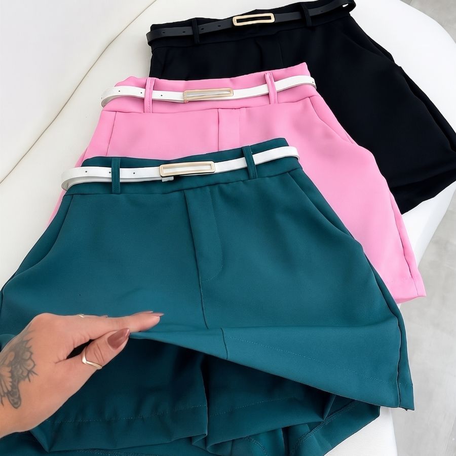 Short Saia Feminino Moda Social Alfaiataria com Cinto Cintura Alta