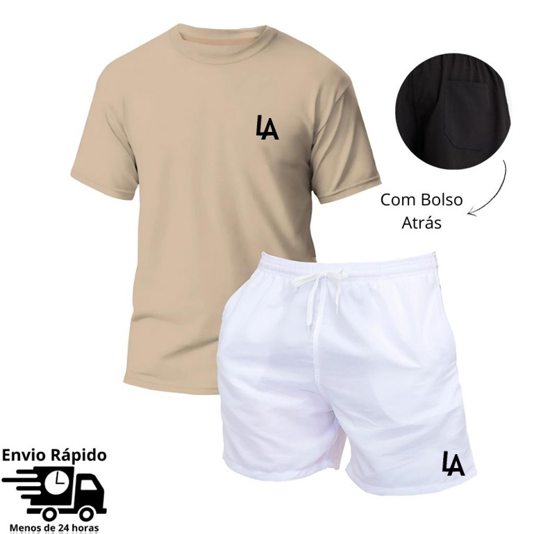 Conjunto Masculino Camiseta e Short Tactel com Bolso Atrás Praia Moda Casual Treino Academia Mauricinho Los Angeles