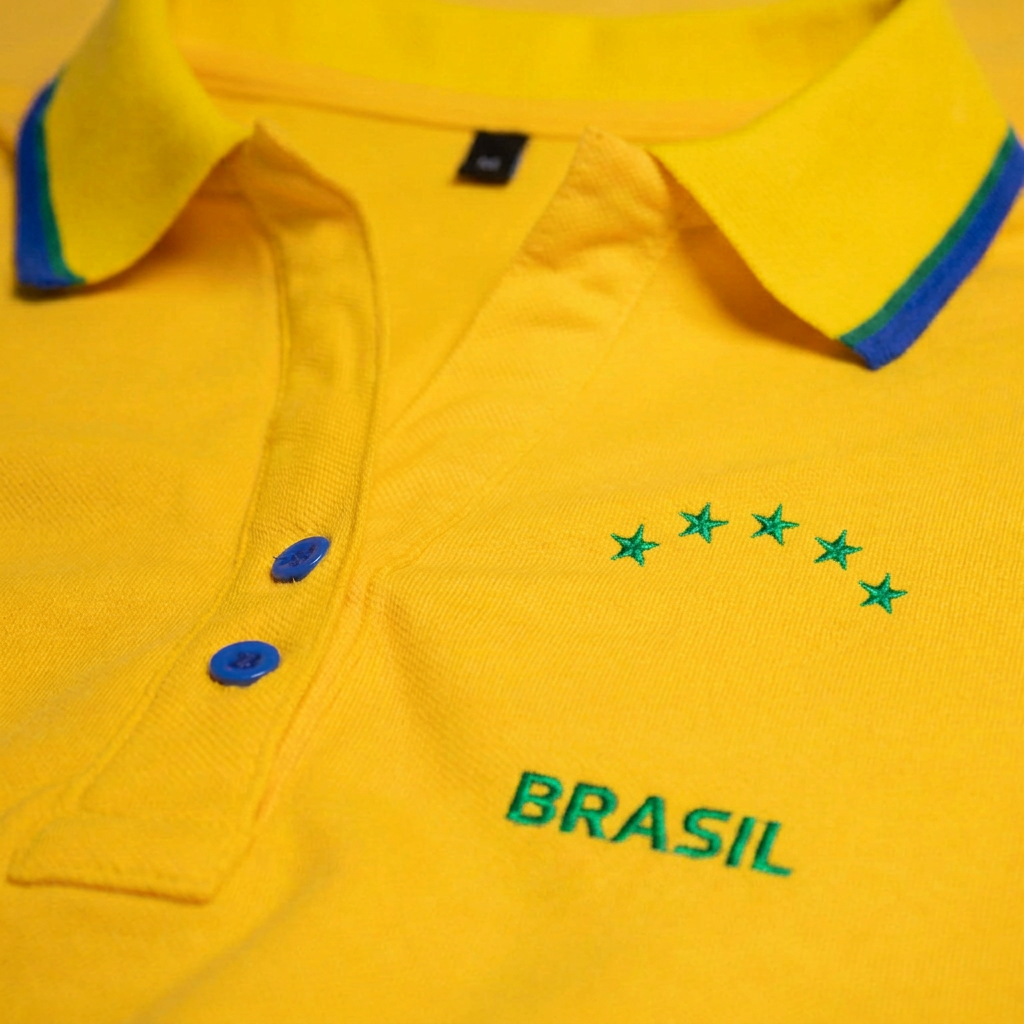 Camisa Polo Feminina Brasil bordado premium copa do mundo futebol piquet confort pequeno e plus size neymar jr