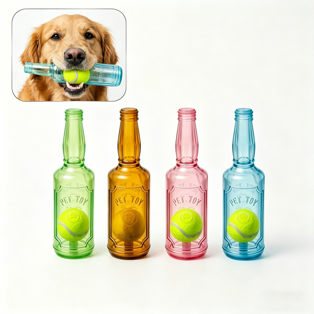 Brinquedo Para Cachorro Formato Garrafa Borracha TPR Com Som E Bolinha Resistente à Mordida Interativo