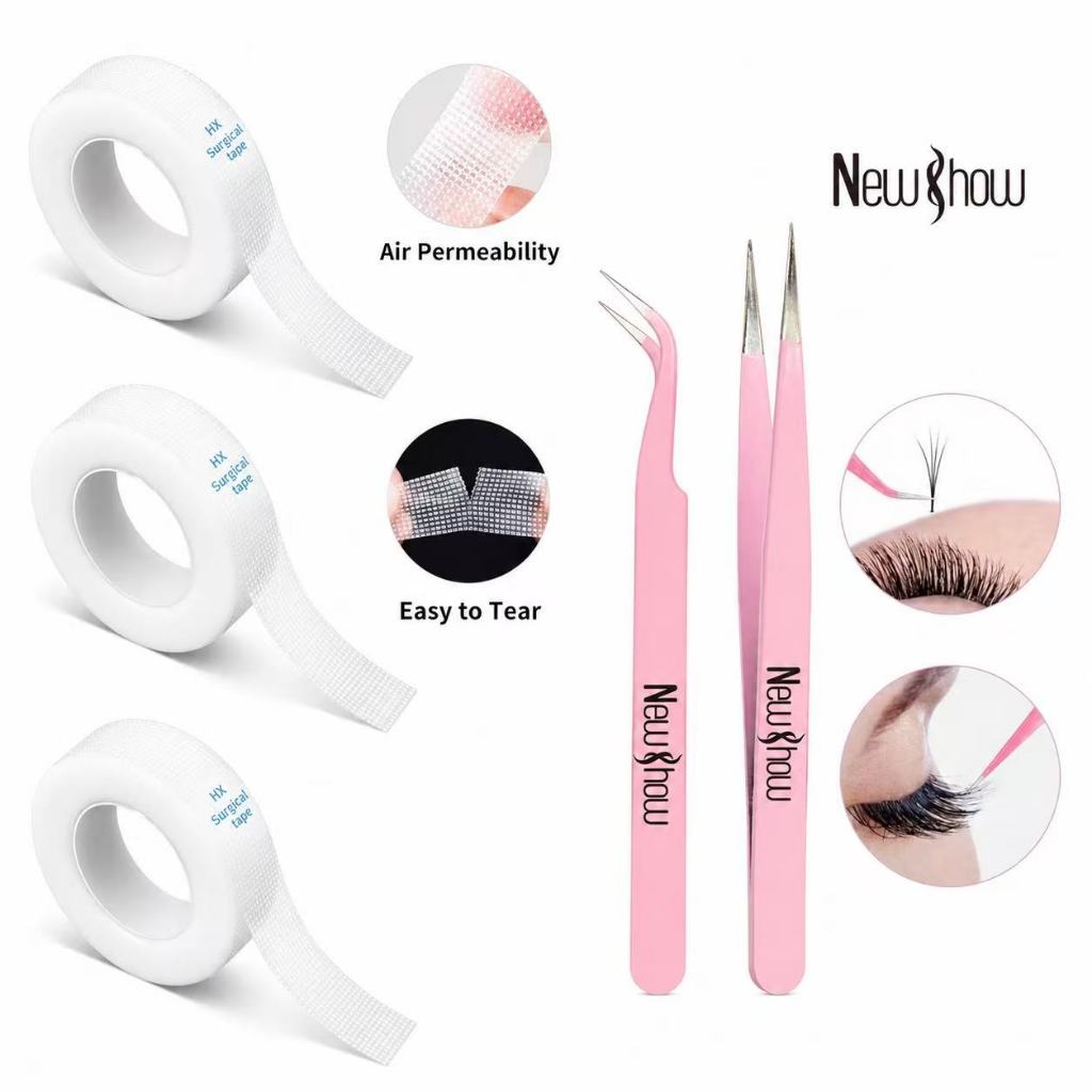 New Show kit pinças de precisão (Pinça curva + Pinça reta) + 3pcs Fita 9m micropore para extensão de cílios