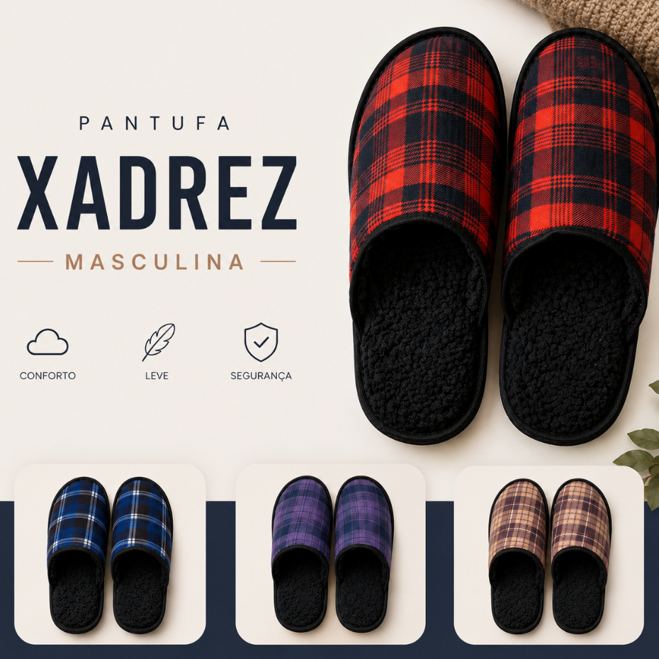 Pantufa Masculina Xadrez Chinelo de Inverno - Quentinha e Confortável