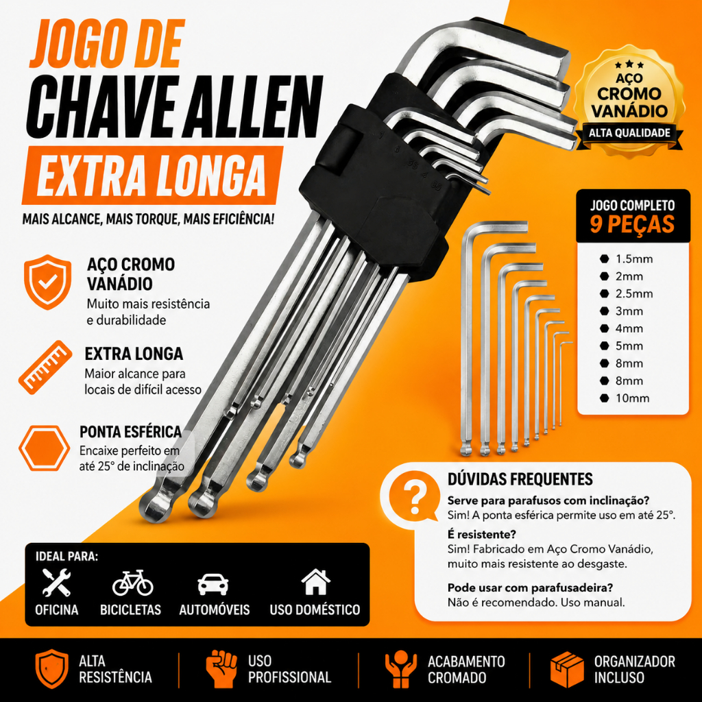 Kit Jogo 9 Chaves Allen Hexagonal L Longa Ponta Esférica 1,5 a 10mm Aço Cromo Vanádio + Suporte