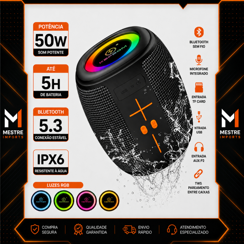 Caixa de Som Bluetooth Portátil 50W LED TWS Portátil