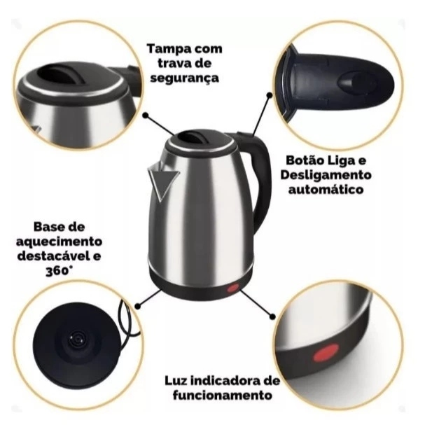 Chaleira Elétrica Inox Desligamento Automático Base 360 Aquecer Água Rápida Cozinha Segura — imagem 2 de 2